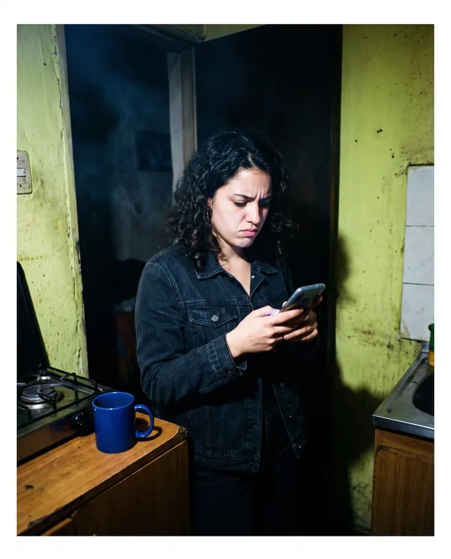 Una chica en su cocina, de noche, mira el celular con bronca